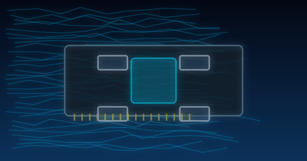 Stylized illustration of a microchip with circuit traces and flowing blue lines in the background, symbolizing VRAM requirements 2025 as data or electrical signals move through and around the chip.