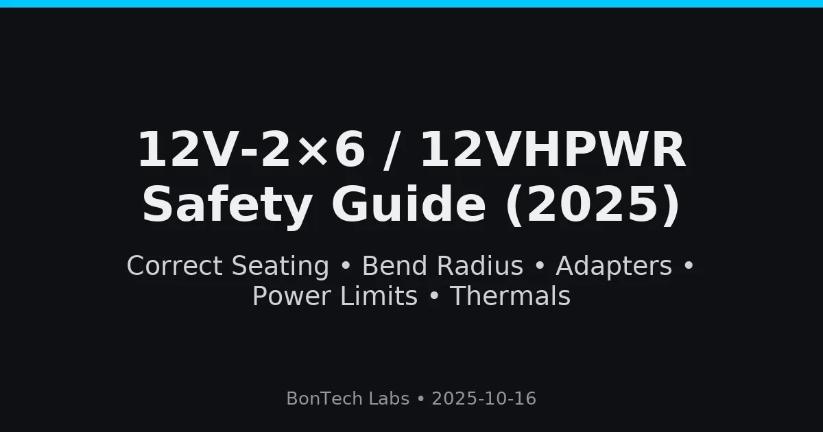 Title slide for 12VHPWR Safety Guide (2025) covering seating, bend radius, adapters, power limits, and thermals for high-watt GPUs. Footer reads BonTech Labs • 2025-10-16 on a black background.