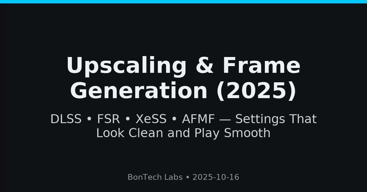 A presentation slide titled Upscaling & Frame Generation (2025) with subtitles DLSS • FSR • XeSS • AFMF — Settings That Boost Image Quality and Play Smooth. Footer reads BonTech Labs • 2025-10-16 on a black background.