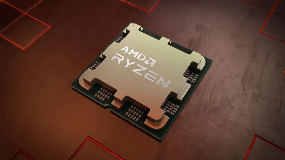 A close-up view of an AMD Ryzen 5 7500X3D processor on a metallic AM5 surface with red accents. The silver chip features the AMD Ryzen logo prominently displayed, highlighting its appeal for high-performance gaming rigs.