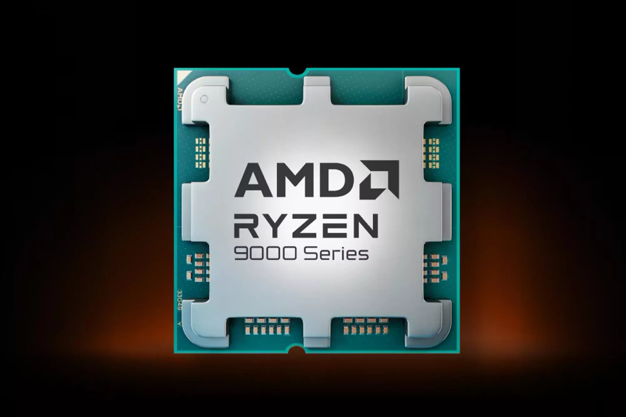 A close-up of an AMD Ryzen 9000 Series computer processor chip, featuring the metallic AMD Ryzen logo and circuit details on the edges, showcases the power of AMD Zen 5 architecture against a dark background.