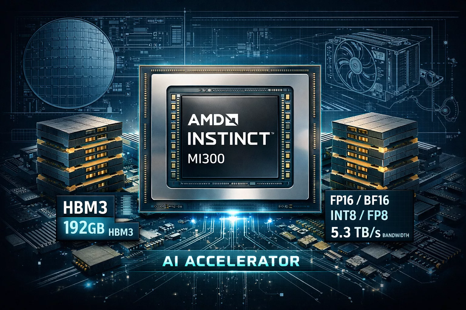 A digital illustration of the AMD Instinct MI300 AI accelerator features a powerful AMD chip at the center, flanked by stacks labeled HBM3 192GB, with specs for FP16/BF16, INT8/FP8, and 5.3TB/s bandwidth on a tech-themed background.