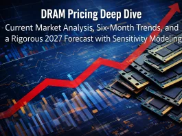 Stacks of DRAM memory chips with a rising red arrow over financial charts, illustrating increasing DRAM pricing. Text reads: DRAM Pricing Deep Dive: Current Market Analysis, Six-Month Trends, and a Rigorous 2027 Forecast with Sensitivity Modeling.