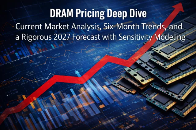 Stacks of DRAM memory chips with a rising red arrow over financial charts, illustrating increasing DRAM pricing. Text reads: DRAM Pricing Deep Dive: Current Market Analysis, Six-Month Trends, and a Rigorous 2027 Forecast with Sensitivity Modeling. Stacks of DRAM memory chips with a rising red arrow over financial charts, illustrating increasing DRAM pricing. Text reads: DRAM Pricing Deep Dive: Current Market Analysis, Six-Month Trends, and a Rigorous 2027 Forecast with Sensitivity Modeling.